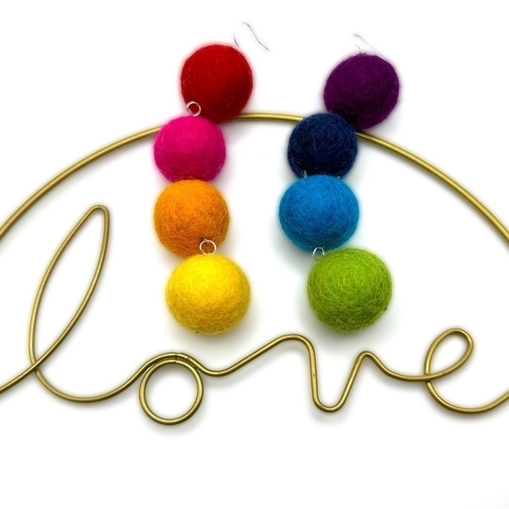 Handmade Rainbow Felt Ball Earrings